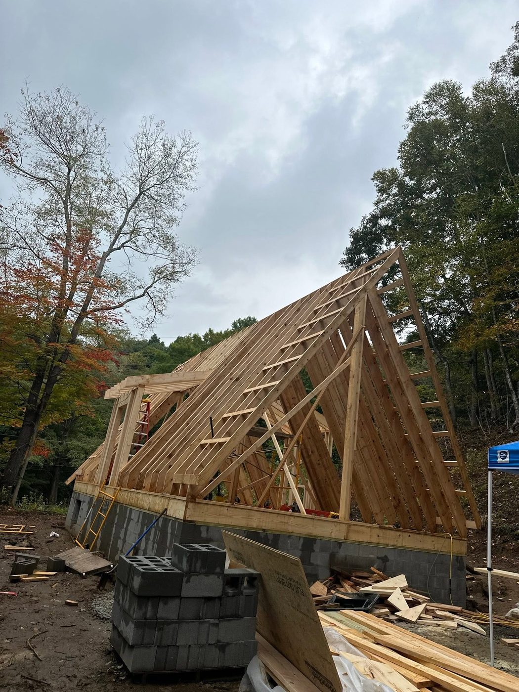 Roof trusses being set on a new structure
